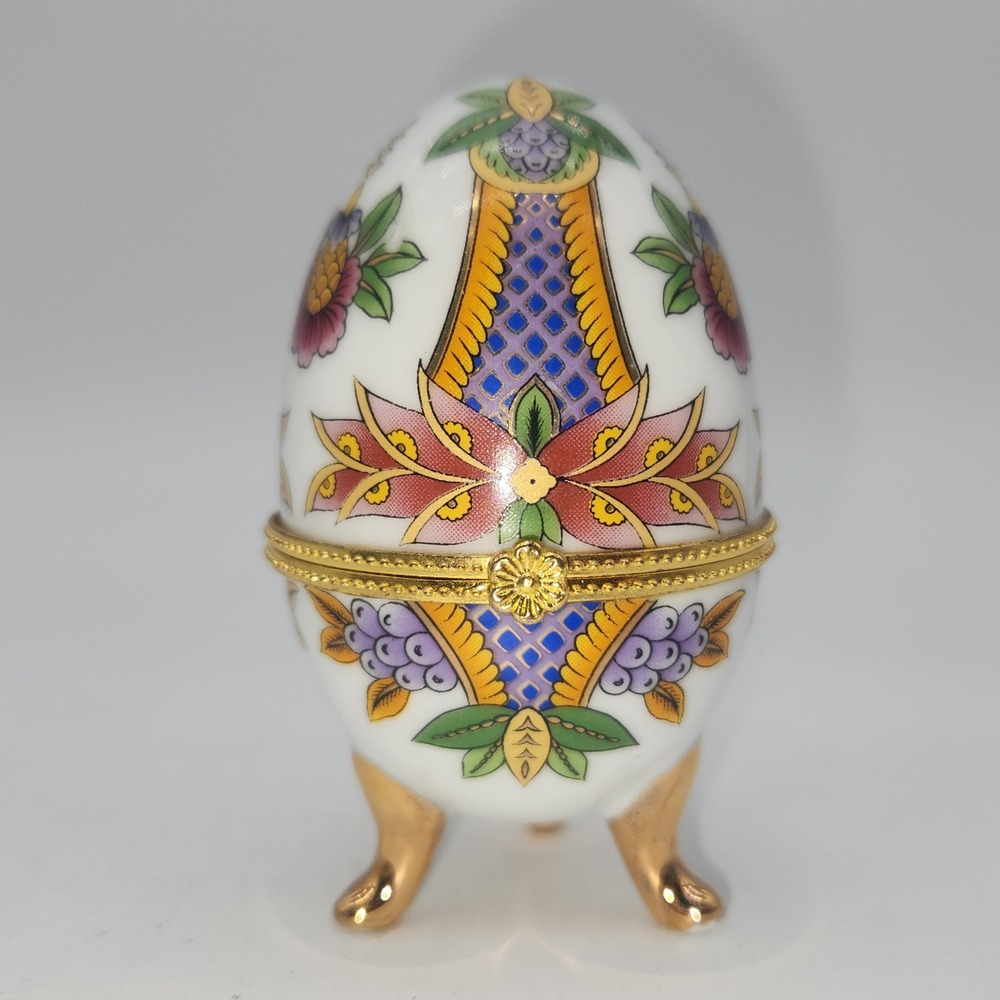 Vintage Porcelain Egg Trinket Box Hinged Footed Floral Gold Trim Limoges Style
